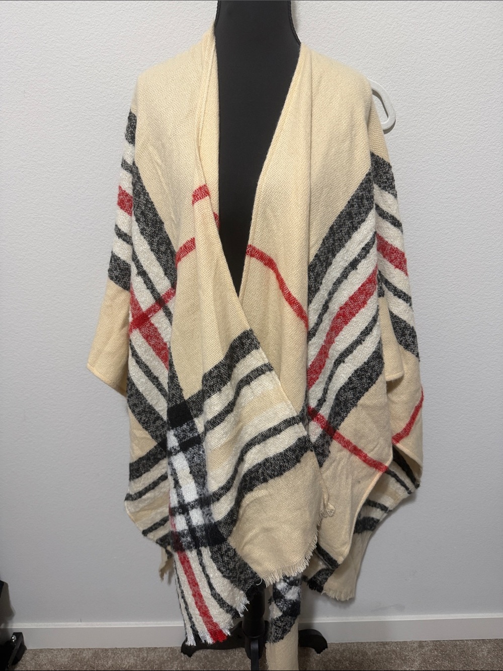 Open-Front Cream Plaid Knit Poncho with Red and Black Stripes AU26B